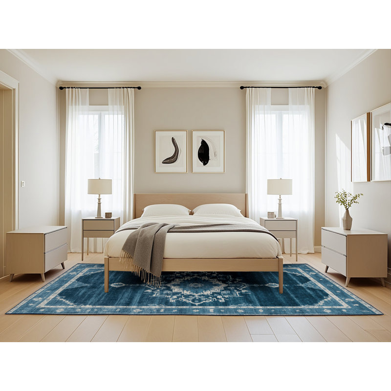 Machine Washable Overdyed Blue Area Rug, Rectangle 5' x 8'