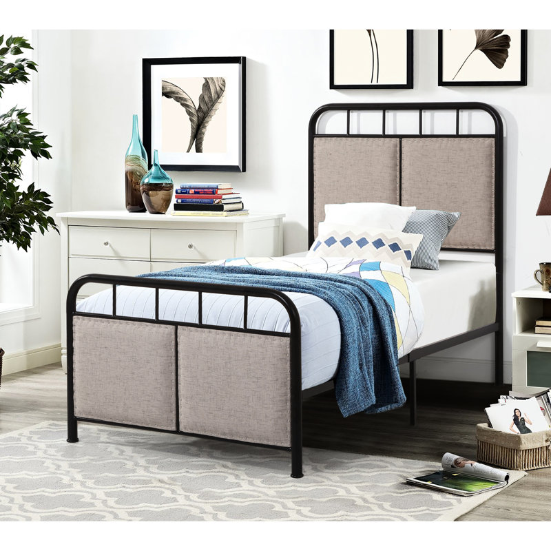 Twin Metal Bed Frame With Linen Upholstered Headboard And - Modern Bedroom Decor, Structure, Quiet Nights, Easy Assembly, All Mattress Types Okay, Beige, 250 Lbs Load Capacity Size Fabric Covering ,