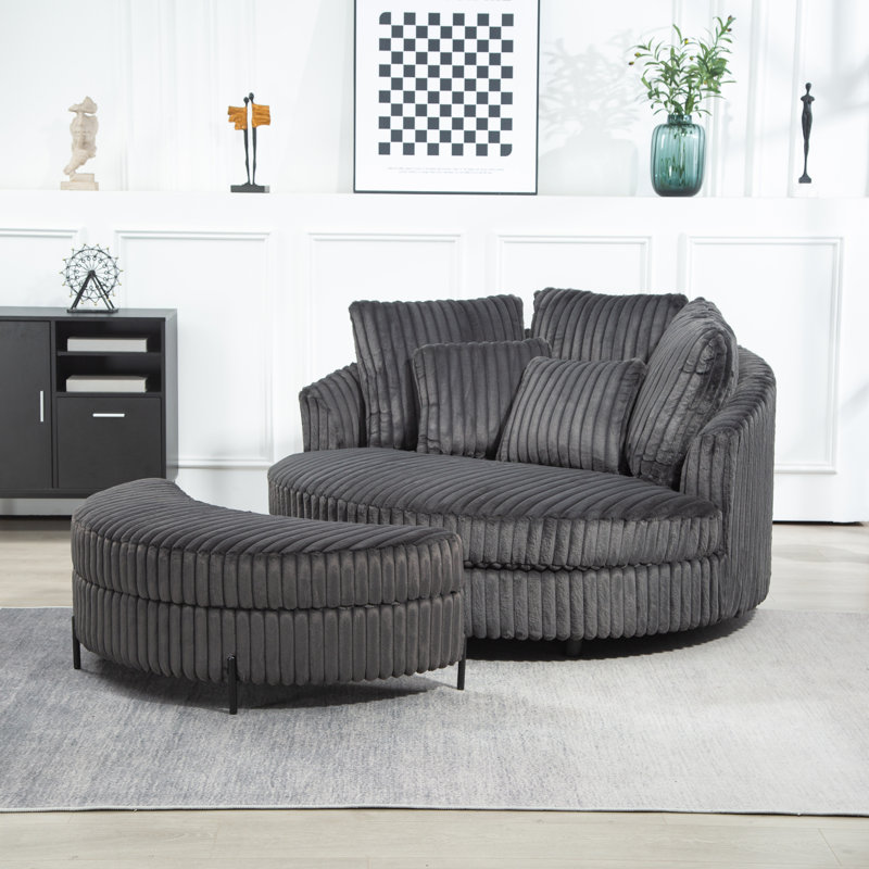 Upholstered Barrel Chair With Ottoman, Charcoal Faux Fur