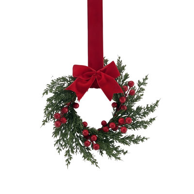 Couronne de Noël artificielle de 26 cm (10,23 po), petite couronne pour porte d'entrée avec nœud en velours rouge, feuillage vert et baies rouges, décoration de Noël pour mur ou fenêtre.