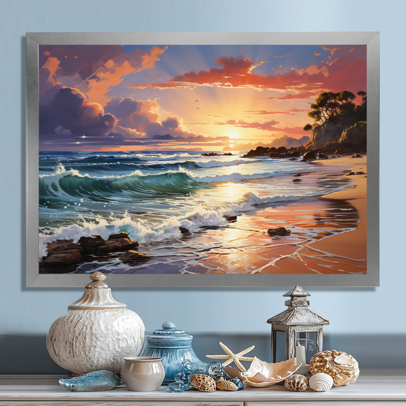 Plage, plage, coucher de soleil, plage, plage, sable, art mural, Cadre flottant noir, H 30 po x l 40 po x P 1,5 po