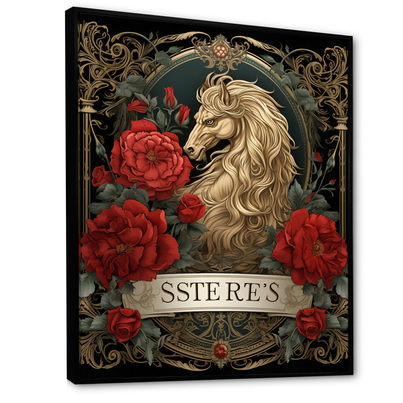 Rétro portrait d'un cheval blanc avec des roses rouges I sur toile, H 44 po x l 34 po, Cadre flottant noir