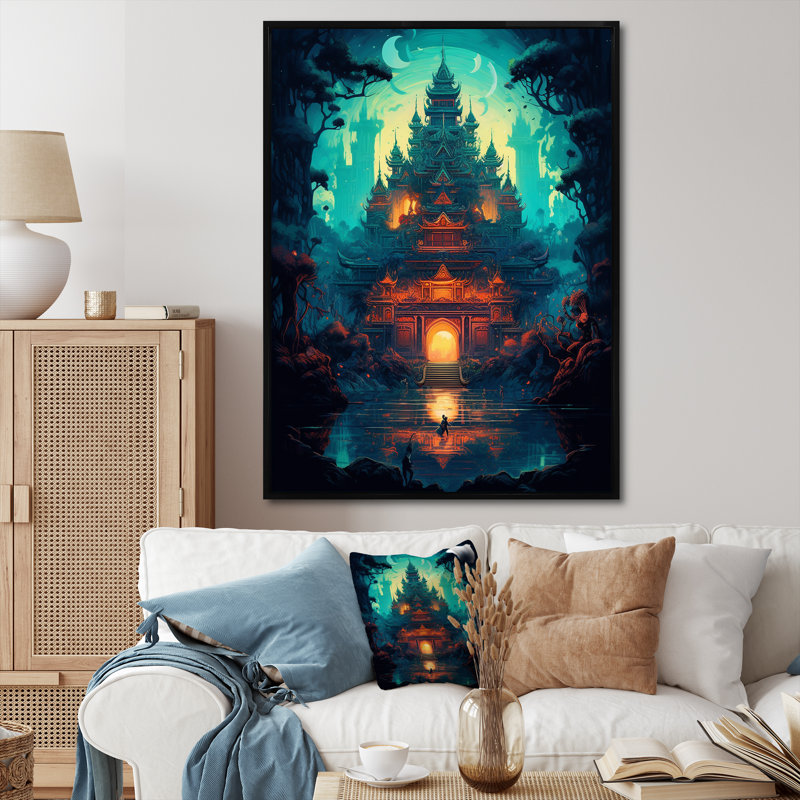 «Magical Buddhist Temple Dreamscape I», reproduction sur toile, Cadre flottant noir, H 44 po x l 34 po x P 1,5 po