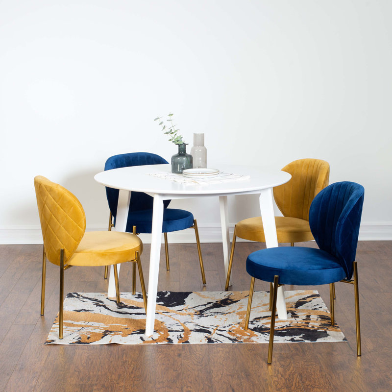 Ensemble de salle à manger contemporain 5 pièces, table de salle à manger ronde blanche avec 4 chaises, 5, Jaune / Bleu