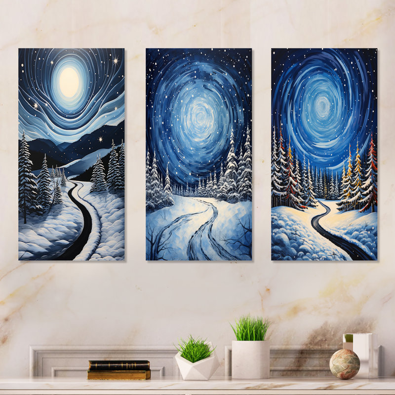 Ensemble de 3 décorations murales Frosty Pathway Road Into Winter Embrace I - Road, Toile tendue, H 28 po x l 36 po