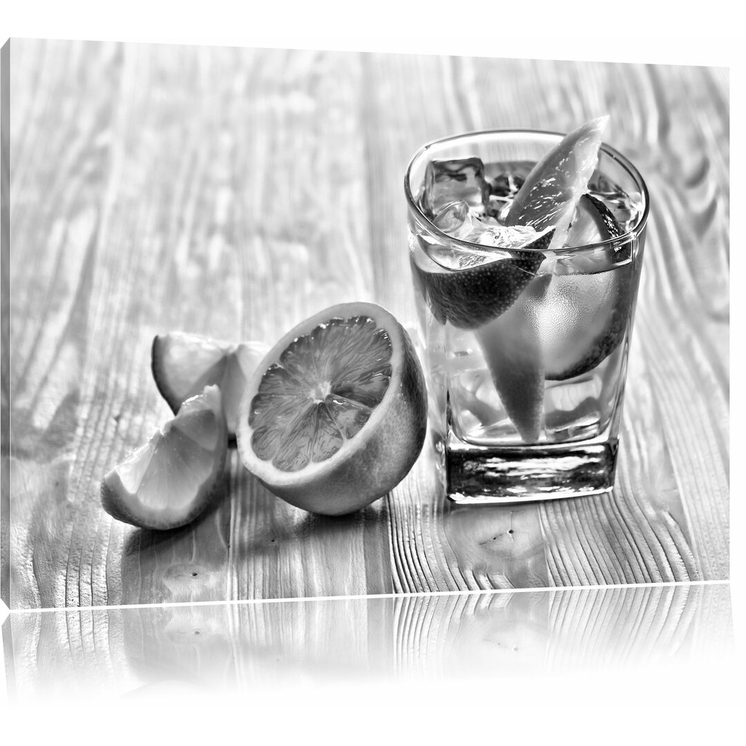 Leinwandbild Gin Tonic Shot mit Zitronen in Monochrom