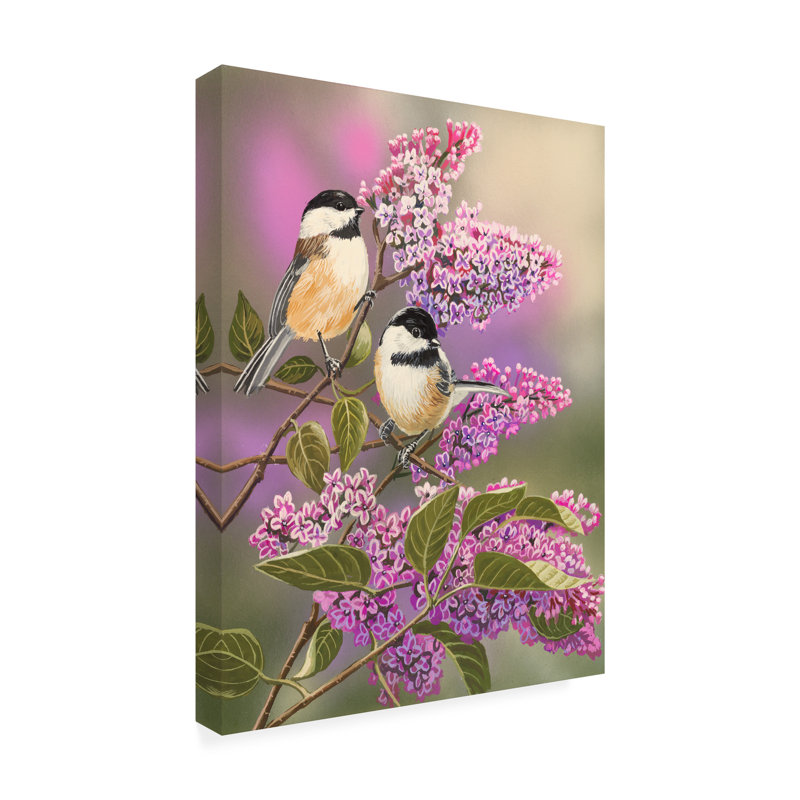 Lilas et mésanges par William Vanderdasson - peinture sur toile tendue, H 47 po x l 35 po