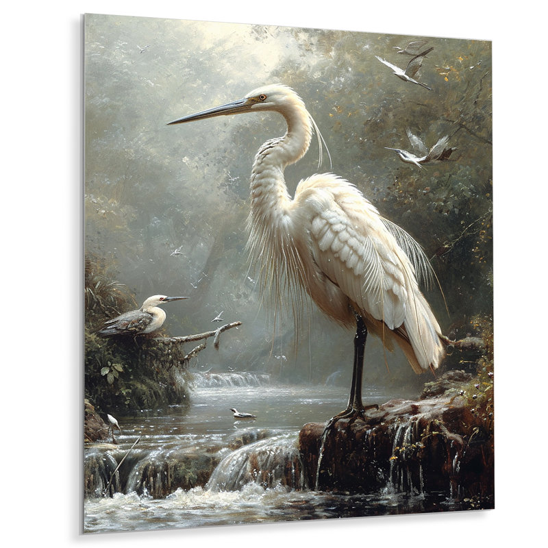 Héron blanc à la recherche de rivière prier - Héron, art mural, Sans cadre, métal, H 32 po x l 16 po