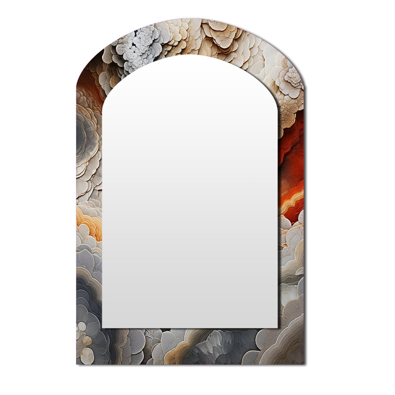 «Beige et pêche», Geode Simplicity I - miroir asymétrique à géométrie de pierre, miroir mural unique à arche beige, impression sur métal