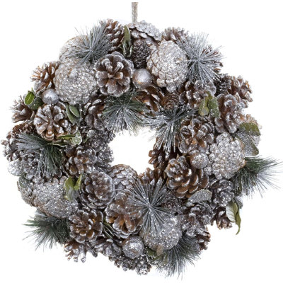 Christmas Hanging Wreath Small - Festive Silver Display with Pine Cones