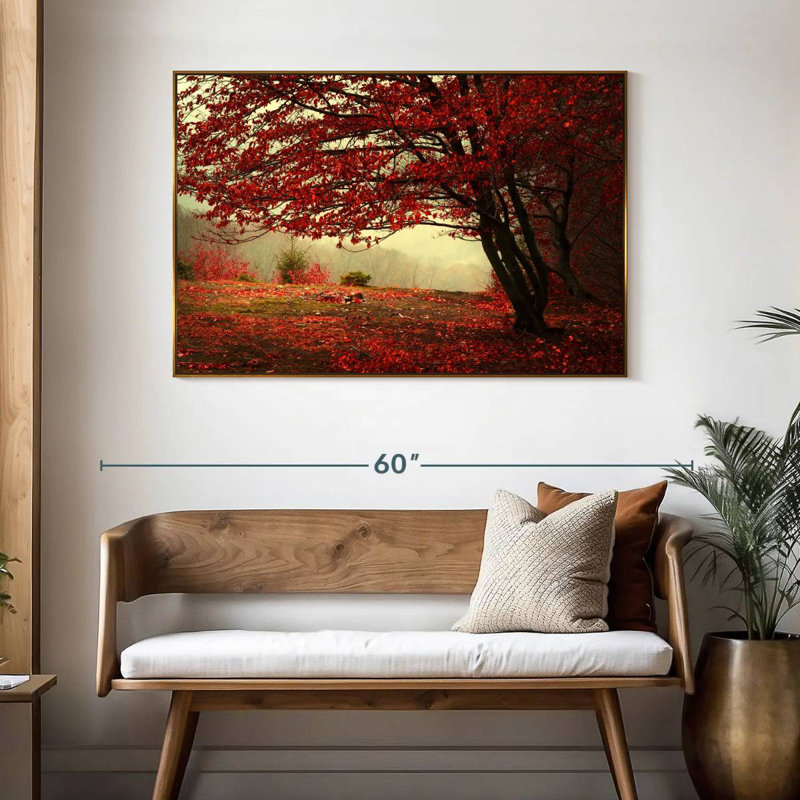 Arbre rouge en automne, 46 po x 31 po, Cadre flottant doré