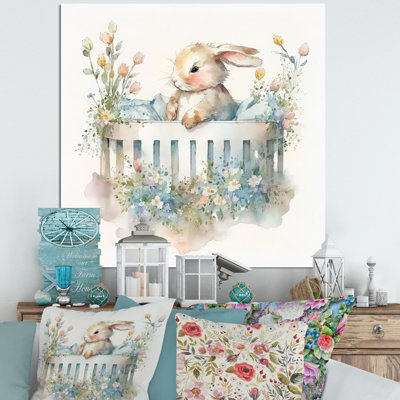 Baby Bunny In Crib With Flowers II - Rabbit, art mural