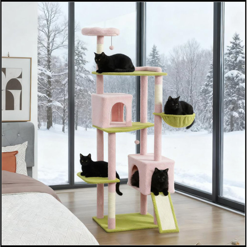 Grande tour à chat avec poteau à griffer et tableau à motif floral de 74 pouces pour chats multiples