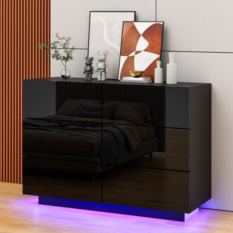 Aylina 6 Drawer 41.3" W Dresser With LED Light, Black