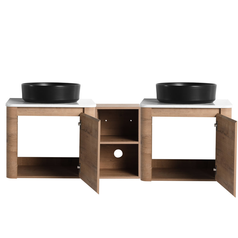 Meuble-lavabo mural de 152 cm (60 po) avec lavabo en céramique décorative, 1 tablette de rangement, porte à fermeture amortie, emballage démonté, contreplaqué, design contemporain, lavabo lisse et finition en pierre.