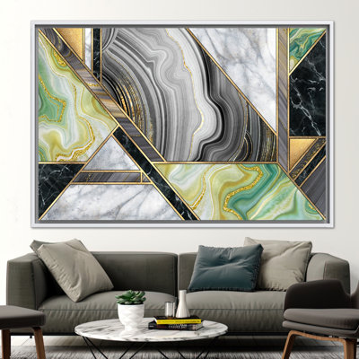 Abstract Alcohol Ink Canvas Art in Grey and Green - Shimmery Modern Marble Wall Decor Poster