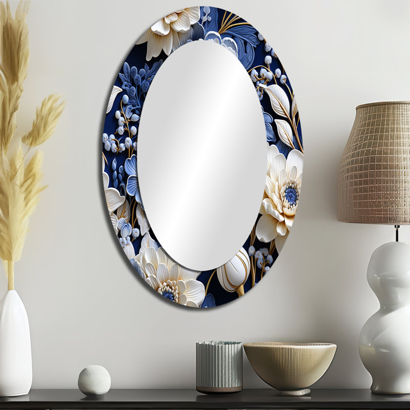 Intricate Cobalt Lace Victorian Pattern - Floral Mirror, Blue Decorative Wall Mirror, Printed Metal Art, 36" H x 24" W, Oval