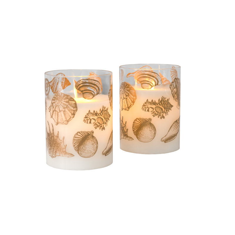 Bougies en verre à piles DEL avec flamme vacillante, coquillages - 2 pièces
