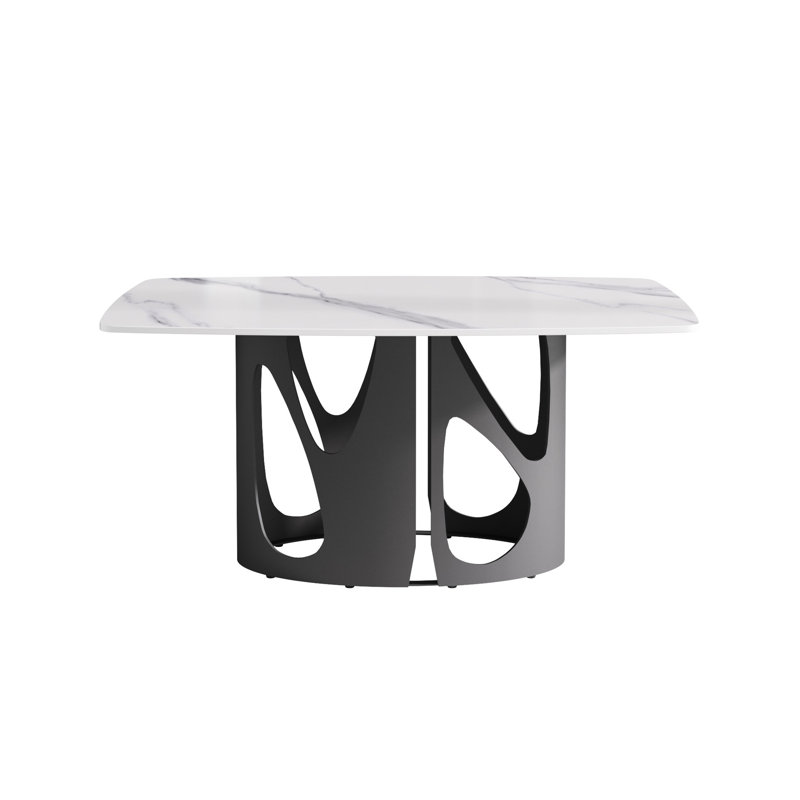 La table en pierre frittée blanche de 63 po avec pieds en fer noir convient à une surface de salle à manger pour 6 personnes