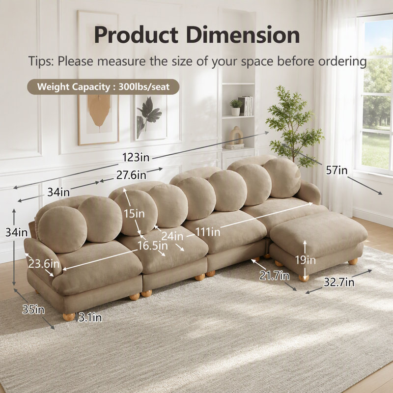 Canapé modulaire modulaire avec revêtement en chenille et repose-pieds mobile, Chenille brun clair