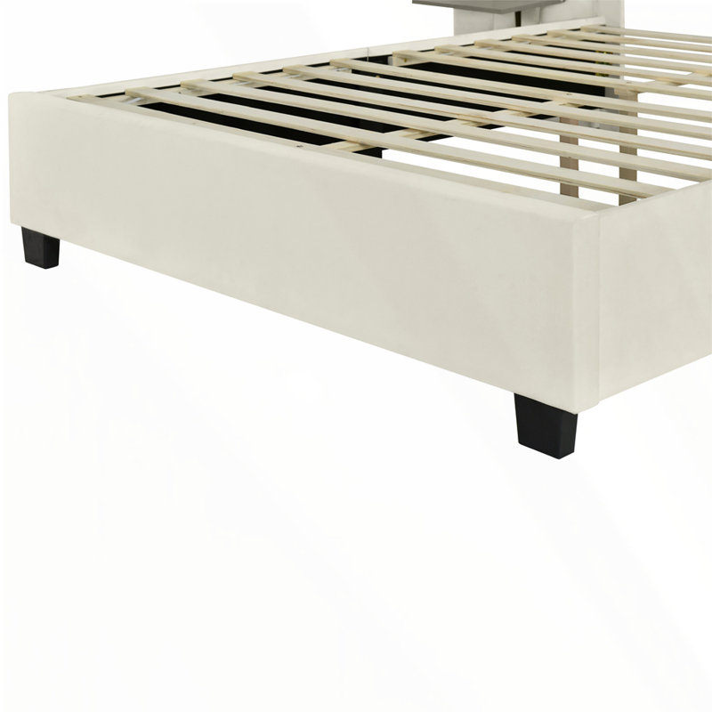 Upholstered Platform Bed With Big Headboard, Queen, Beige