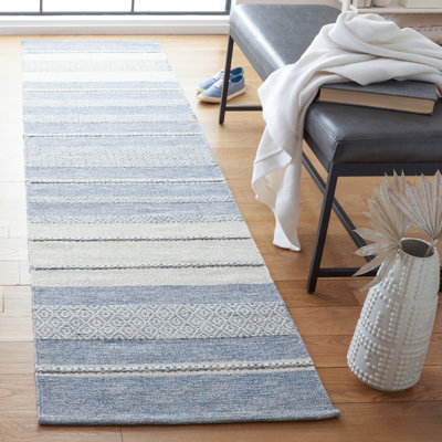 Tapis bleu / crème en coton tissé à plat à la main Addilynn