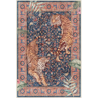 Tapis bleu marine à motif floral Shanea