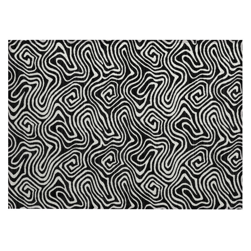 Black and White Flat Woven Synthetic Rectangular Rug