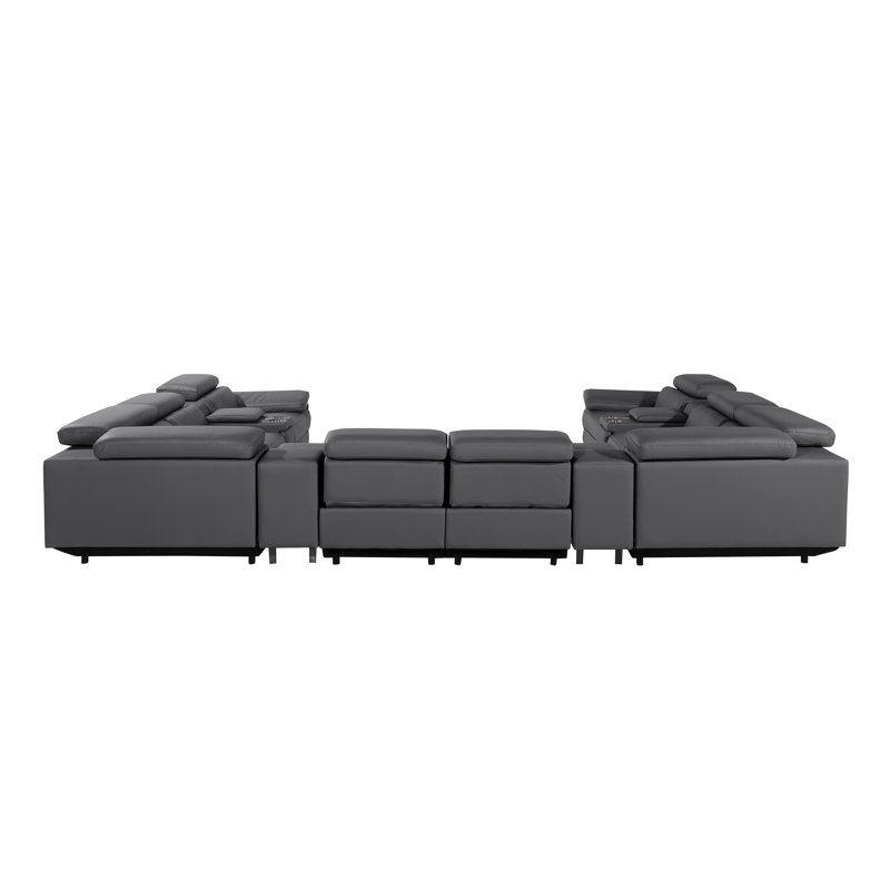 Top Grain Italian Leather 12-Piece U-Shaped Modular Power Reclining Sectional With 4 Power Recliners & Power Headrests