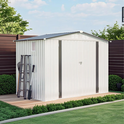 8X6 FT Metal Outdoor Storage Shed, Tool Shed with Pitched Roof Waterproof with Side Window and Lockable Door, Metal Tool Shed for Garden Tool Storage, Everyday Sundries and Bike Storage