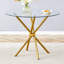 Table de salle à manger ronde en verre transparent avec une forme unique pour 4 à 6 personnes, avec des pieds en métal doré rassemblés en forme d'anneau, convenant aux bureaux, aux cuisines, aux terrasses et aux salles à manger.