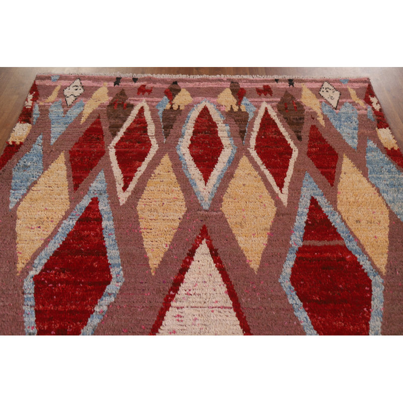 Tapis rose en laine noué à la main de conception unique 5 pi x 7 pi 9 po New Age