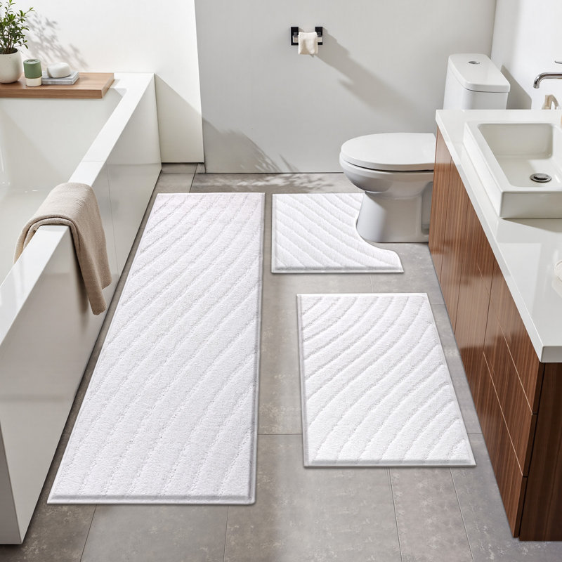 Super Absorbent Non-Slip Bathroom Rug Mats (Set of 3), White