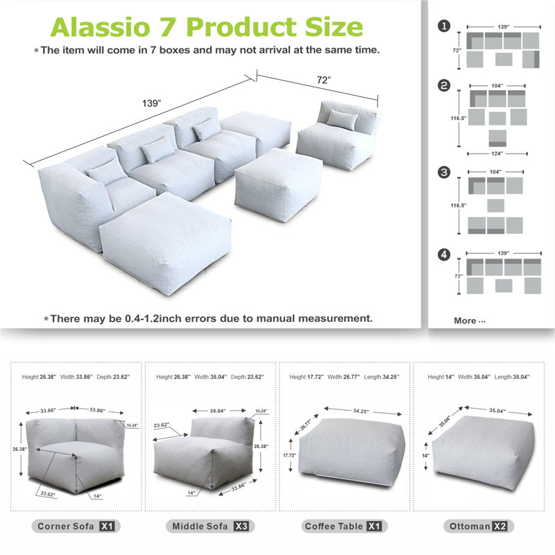 Ensemble de conversation d'extérieur modulaire 7 pièces de style pouf avec table basse et pouf rembourrés., Gris clair