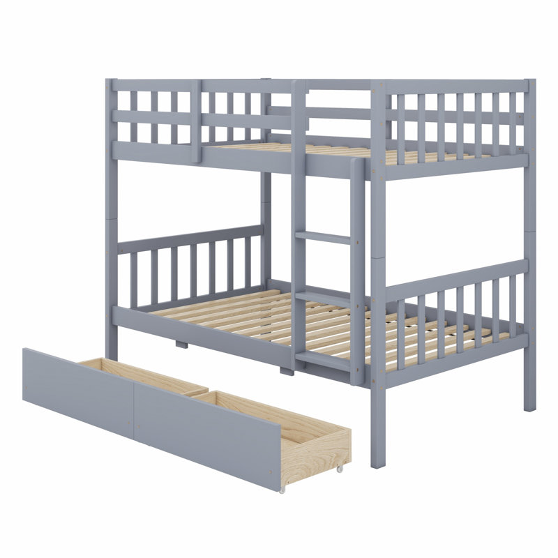 Bunk Bed With Drawers, Convertible Into Beds,  Ladder And Safety Guardrails, Gray