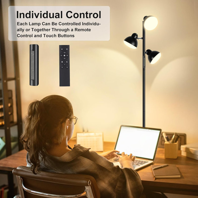 LED Tree Floor Lamp With 3 Rotatable Light Heads, Remote & Touch Control, 3 Colour Temperatures, 36W, Black