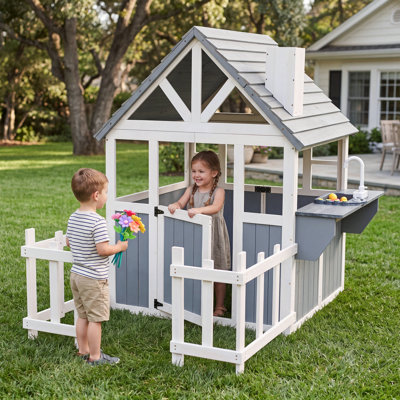 Wooden Kids Playhouse, Outdoor Playhouse for Kids Ages 3+, Backyard Pretend Play House with Fence, Door, Window, Play Kitchen, Sink, Picnic Table, Mailbox