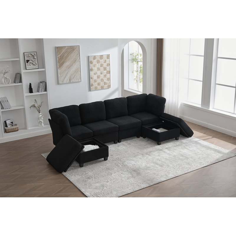 Canapé modulaire modulaire, canapé convertible 6 places, canapé modulaire en U avec repose-pieds avec rangement, Noir