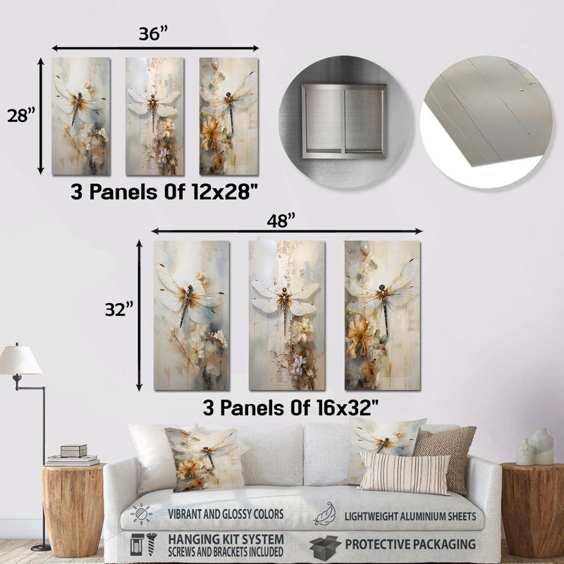 Dragonfly Delight - ensemble de 3 impressions murales en métal libellule, H 28 po x l 36 po