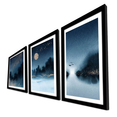 Ensemble de 3 panneaux décoratifs en bois aggloméré élégants, bleu marine, bleu, vison et blanc | Art 100% MDF (épaisseur: 0,1 po) et cadre 100% bois (épaisseur: 0,9 po), parfait pour la décoration intérieure et les espaces contemporains, 15,0 po x 20,9 po chacun
