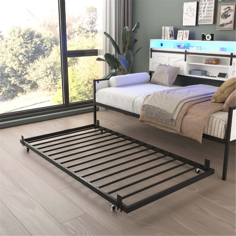 Twin Daybed with Trundle, Storage Shelves, Study Desk, and LED Charging Station for Space-Saving Bedroom Solutions.