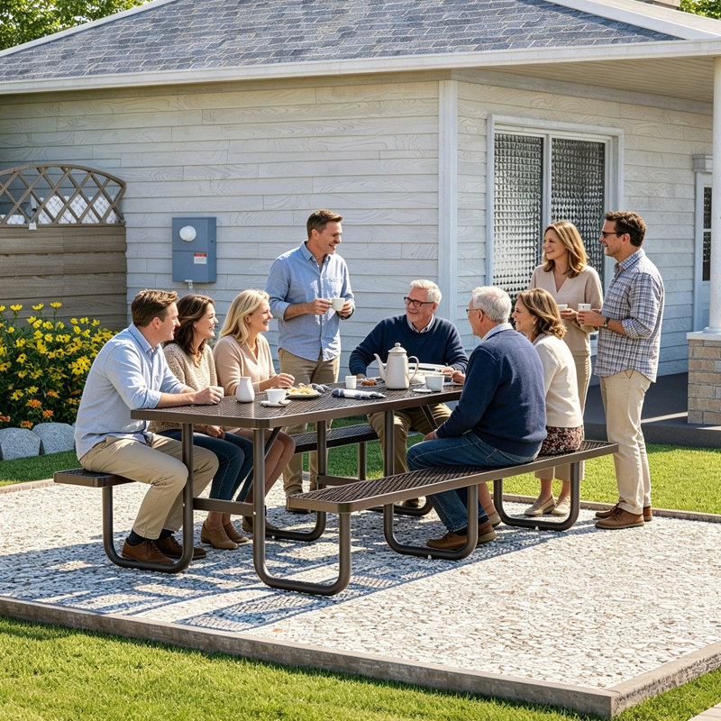 Table de pique-nique en métal robuste pour 10 personnes, table de salle à manger extérieure avec trou pour parasol, structure en acier galvanisé antirouille, capacité de 882 lb