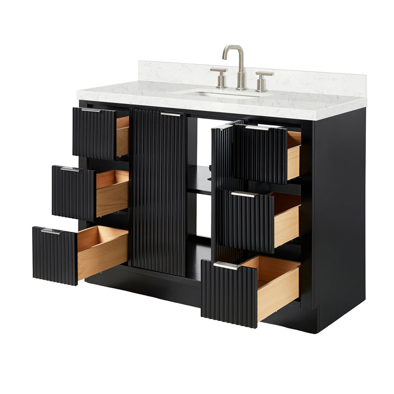 Meuble-lavabo simple en bois massif de 48 po avec comptoir en quartz noir de 1,5 po Haun de Haun, lavabo rectangulaire, 48"