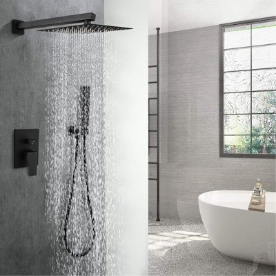 Wall Mounted 12 - Inch Matte Black Brass Shower System With Adjustable Head, Diverter Valve, And Materials Diverter, Water Flow, Protection From Sudden Temperature Changes