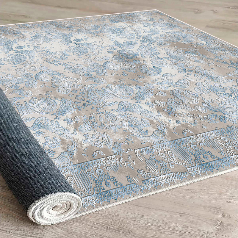Premium Cotton Area Rug, 3.3 x 8.2 Feet | Antibacterial, Non-Slip PVC Underside, 1.6 lbs/sq ft | Machine Washable, 0.4 in Pile Height | Stylish Blue & Grey Design, Ideal for Living Room & Bedroom Decor
