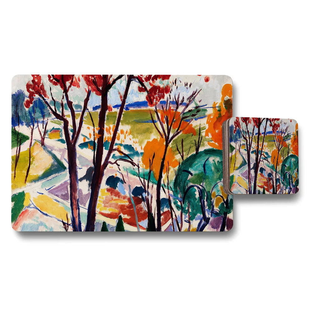 Colorful Abstract Landscape Placemat and Coaster Set with Trees