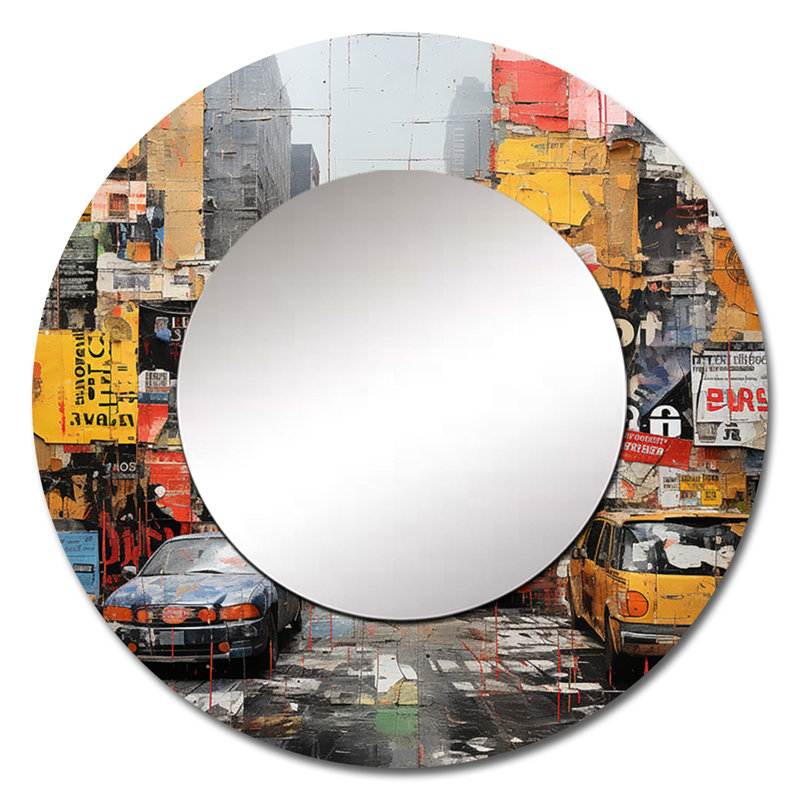 Urban Collage I - miroir mural abstrait, miroir décoratif rond moderne, impression d'art en métal, 36 po x 36 po