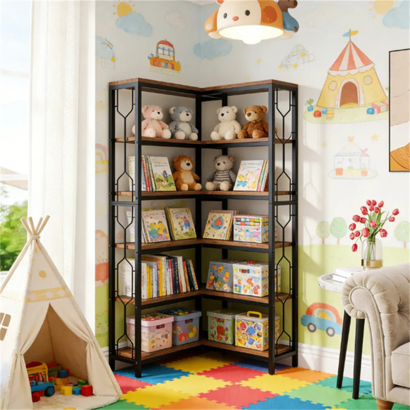 7-tier Hexagon Corner Bookshelf – Space-saving Display & Storage Unit With Side Railings, Metal Frame, Adjustable Feet For Living Room, Bedroom, Office