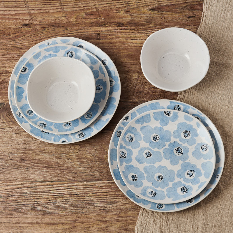 Radiant Floral Blue and Off-White Ceramic Dinnerware Set, Service for 4