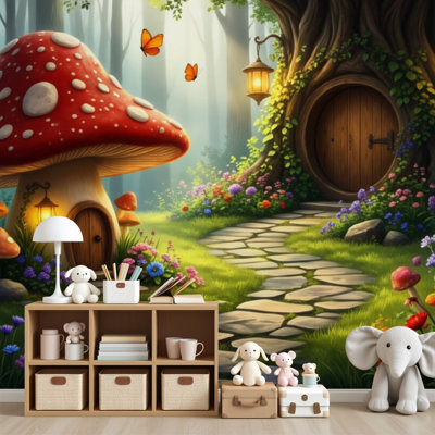Papier peint adhésif peler et coller fantaisiste, conte de fées, champignon, maison de campagne, papillons muraux, H 69 po x l 96 po, papier peint amovible en PVC, adhésif mural pour chambre à coucher, bureau à domicile